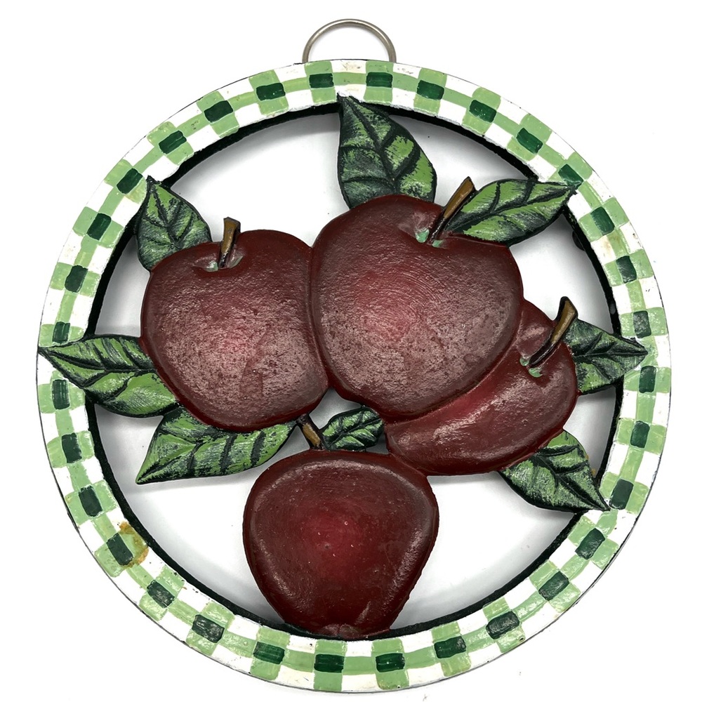 Odi 2004 cast iron round cut out Red Apple Painted Trivet Hot Plate